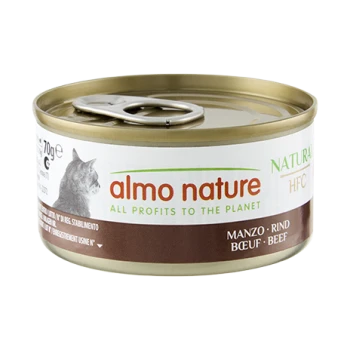 Boîte de nourriture humide pour chat Almo Nature 70 g avec languette ; étiquette 'almo nature' 'TOUS LES PROFITS POUR LA PLANÈTE' ; bœuf.