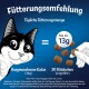 Illustration einer schwarz-weißen Katze mit Fütterungsempfehlungen, die 30 Stück Futter zeigt, die bis zu 13g für eine 4kg schwere erwachsene Katze entsprechen.