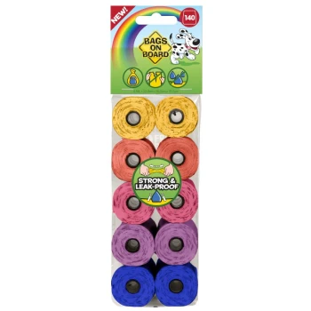 Colorful rolls of pet waste bags in yellow, pink, purple, and blue, labeled "BAGS ON BOARD," featuring "STRONG & LEAK-PROOF" text.