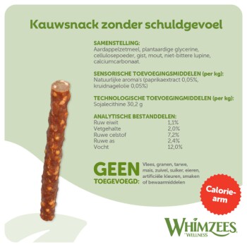 WHIMZEES productetiket: enkele bruine kauwstick, Nederlandse tekst 'Kauwsnack zonder schuldgevoel', 'Geen toegevoegd', rood schildje 'Calorie-arm'.