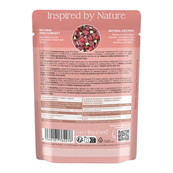 Dos du sachet de nourriture pour chat rose « Inspiré par la nature » avec concept de proie naturelle, ingrédients, guide d'alimentation et code-barres.