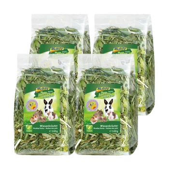 Quatre sacs transparents de collations à base d'herbes de prairie sans céréales pour petits animaux, avec un lapin et des cobayes sur l'étiquette.