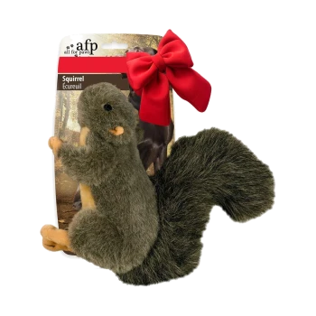 Plüsch-Eichhörnchen-Hundespielzeug mit buschigem Schwanz auf Verpackung mit der Aufschrift "afp all for paws" und "Squirrel Écureuil", rote Schleife.