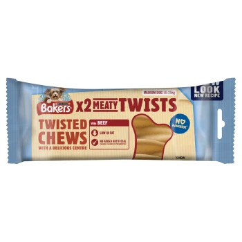 Bakers Meaty Twists dog treats packaging featuring twisted chews with beef, labeled "Low in Fat" and "No Rawhide," suitable for medium dogs.