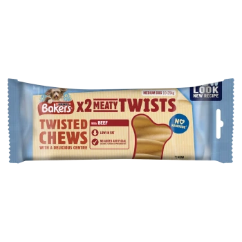 Bakers Meaty Twists dog treats packaging featuring twisted chews with beef, labeled "Low in Fat" and "No Rawhide," suitable for medium dogs.