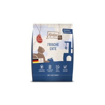 Blauer Mjamjam Pur Katzenfutterbeutel mit der Aufschrift 'Frische Ente', Katzensilhouette, deutscher Flagge und 'mit Frischfleisch'-Abzeichen.