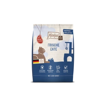 Blauer Mjamjam Pur Katzenfutterbeutel mit der Aufschrift 'Frische Ente', Katzensilhouette, deutscher Flagge und 'mit Frischfleisch'-Abzeichen.