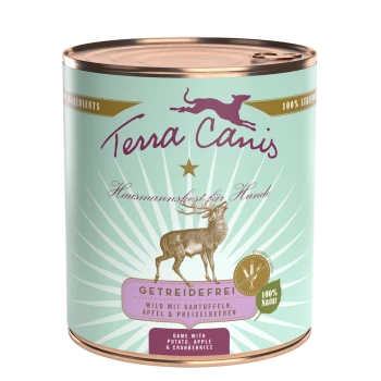 Hellblaue Terra Canis Hundefutterdose mit einer Silhouette eines laufenden Hundes und einem Reh. Text: "Getreidefrei, Wild mit Kartoffel, Apfel & Preiselbeeren."