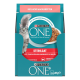 Verpackung von Purina ONE Sterilcat Katzenfutter mit einer grauen Katze, mit dem Text 'Mit LACHS und KAROTTEN' und 'Visible Health for Today and Tomorrow.'