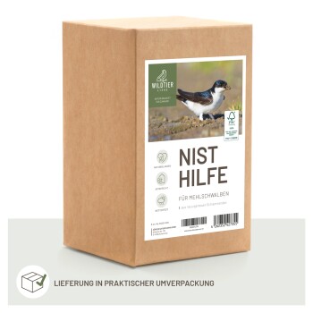 Pappkarton mit der Aufschrift "NIST HILFE FÜR MEHLSCHWALBEN" mit einem Foto einer Schwalbe und Symbolen für natürlich, artgerecht und wetterfest.