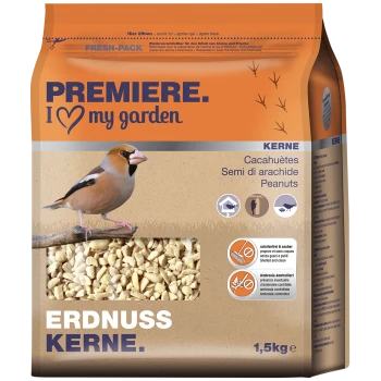 Eine 1,5 kg Tüte Erdnussvogel-Futter mit einer bunten Vogelillustration, beschriftet mit "PREMIERE. I ♥ meinen Garten" und "ERDNUSS KERNE."