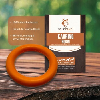 Haltbarer oranger Hundekauspielring aus 100% Naturkautschuk, gekennzeichnet mit "Kauring Robin" von Wildfang, mit umweltfreundlichen Ansprüchen.
