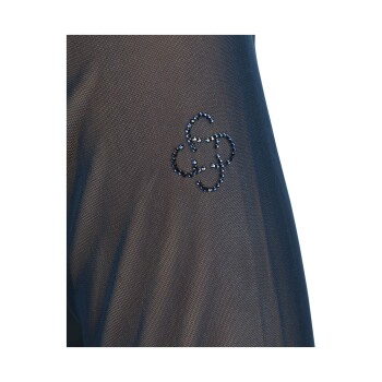 Nahaufnahme eines schwarzen Haustierbekleidungsstoffs mit einem funkelnden Strasslogo-Design.