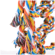 Buntes geflochtenes Seilspielzeug für Haustiere, mit lebhaften orange, blau, gelb und weißen Strängen mit ausgefransten Enden.
