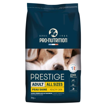 Blaue Pro-Nutrition Prestige Hundefuttertüte — Adult All Sizes; Peau Saine | Healthy Skin; getreidefrei, mit Lachs, 3 kg