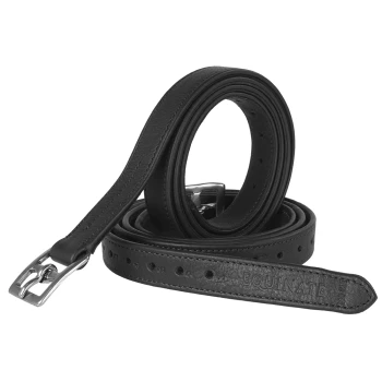 Schwarze Leder-Haustierleine mit einer silbernen Schnalle, mit dem geprägten Text "EQUINATE" am Griff.