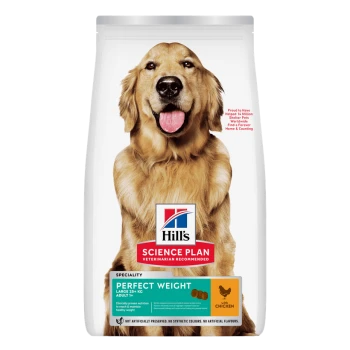 Hill's Science Plan "Perfect Weight" Hundefutterbeutel (Large 25+ kg), Huhnrezeptur, zeigt Abbildung eines Golden Retrievers und Markenlogo