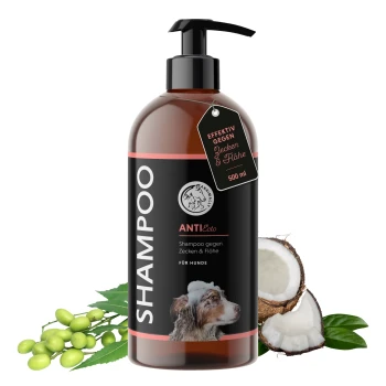 Flasche mit Anti-Floh- und Zeckenshampoo für Hunde, mit der Aufschrift "SHAMPOO ANTIecto," 500 ml, mit Kokosnüssen und grünen Blättern im Hintergrund.