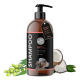 Flasche mit Anti-Floh- und Zeckenshampoo für Hunde, mit der Aufschrift "SHAMPOO ANTIecto," 500 ml, mit Kokosnüssen und grünen Blättern im Hintergrund.