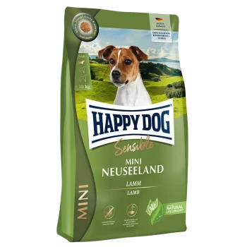 Happy Dog Sensible Mini Neuseeland Hundefutterbeutel mit grünem Design, beschriftet mit "Lamm" und einer Gewichtsanzeige von bis zu 10 kg.