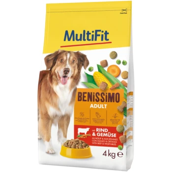 Dog food bag featuring a happy dog, labeled "MultiFit BENISSIMO ADULT" with beef and vegetables, 4 kg, and colorful kibble pieces.