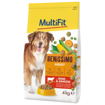 Hundfutterbeutel mit einem glücklichen Hund, beschriftet "MultiFit BENISSIMO ADULT" mit Rindfleisch und Gemüse, 4 kg, und bunten Futterstücken.