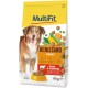 Dog food bag featuring a happy dog, labeled "MultiFit BENISSIMO ADULT" with beef and vegetables, 4 kg, and colorful kibble pieces.