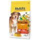 Sac de nourriture pour chien avec un chien heureux, étiqueté "MultiFit BENISSIMO ADULT" avec du bœuf et des légumes, 4 kg, et des morceaux de croquettes colorés.