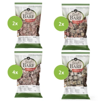 Vier Graf BARF gefrorene rohe Hundefutterpakete: Lamminnerei-Mix 2x, Muskelfleisch vom Lamm 4x, grüner Pansen vom Lamm 2x, fein zerkleinerte Knochen vom Lamm 2x.
