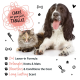Katze und Hund liegen zusammen mit dem Text „Kümmert sich um die Verfilzungen Ihres Haustiers“ und Produktvorteilen wie „2 in 1 Leave-in-Formel“ und „Entwirrt Knoten & Filz“.