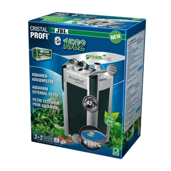 JBL Cristal Profi e1502 Aquarienfilterverpackung hebt Energieeffizienz, 160-600L Kapazität und schnelle Einrichtung hervor.