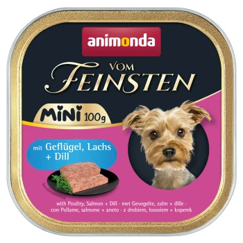 Dose mit Nassfutter für Hunde mit einem Yorkshire Terrier auf dem Etikett, mit "animonda vom Feinsten mini 100g" und Zutaten: Geflügel, Lachs, Dill.