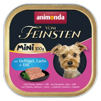 Puszka mokrej karmy dla psów z Yorkshire Terrierem na etykiecie, z napisem "animonda vom Feinsten mini 100g" oraz składnikami: drób, łosoś, koper.