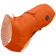 Helle orange Hunderegenjacke mit gestreiftem Innenfutter, mit einem Logo-Patch und verstellbaren Riemen für einen sicheren Sitz.