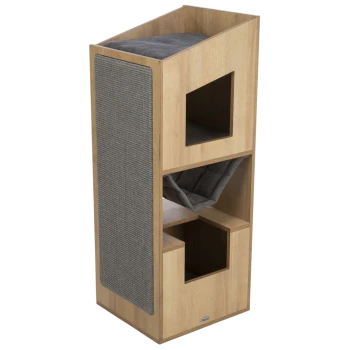 Holz-Katzenturm mit zwei Ebenen, mit einem grauen gepolsterten Oberteil, einer Kratzseite und zwei offenen Fächern zum Spielen oder Ausruhen.