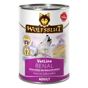 Eine Dose Wolfsblut VetLine Renal Hundefutter mit einem heulenden Wolf-Logo, beschriftet mit "Huhn mit Süßkartoffeln" und "Unterstützt die Nierenfunktion."