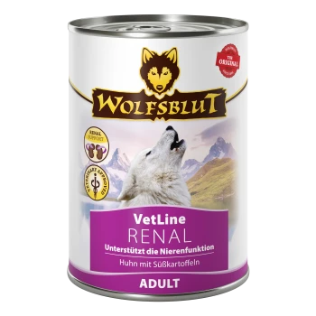 Eine Dose Wolfsblut VetLine Renal Hundefutter mit einem heulenden Wolf-Logo, beschriftet mit "Huhn mit Süßkartoffeln" und "Unterstützt die Nierenfunktion."