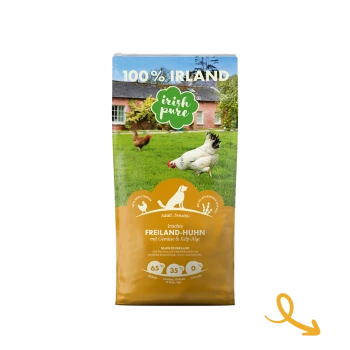 Tüte von "Irish Pure" Hundefutter, beschriftet mit "100% Irland", mit Hühnern und einem Hund, mit "Adult Sensitive" Formel: 65% Huhn, 35% Gemüse.