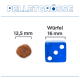 Pelletgrößen-Diagramm mit der Überschrift „PELLETGRÖSSE“: linkes Krokettenstück mit der Beschriftung „12,5 mm“; rechter blauer Würfel mit der Beschriftung „Würfel 16 mm“.