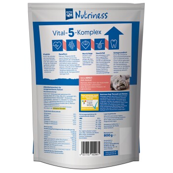 Tierfutterverpackung für erwachsene Katzen, "Nutriness Vital-5-Komplex", der Vitalität, Verdauung, Herz, Haut und Zahngesundheit fördert.