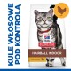 Torba z karmą dla kotów Hill's Science Plan Hairball Indoor z szarym kotem tabby w czerwonej obroży, oznaczona "z kurczakiem" i "Zalecane przez weterynarzy."