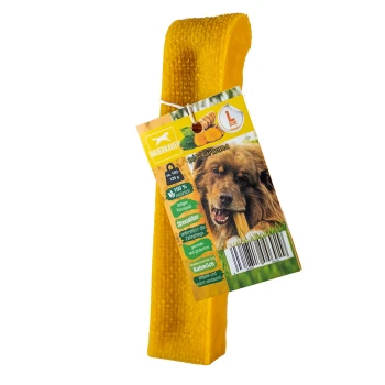 Kurkuma Käsekauknochen L Gelbes Hundekauspielzeug mit einem Etikett, das einen Hund zeigt, der einen Leckerbissen hält, mit der Aufschrift "DAUERKAUER", mit Text, der natürliche Zutaten und Stressabbau hervorhebt.
