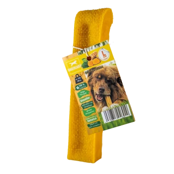 Jouet à mâcher pour chien jaune avec une étiquette représentant un chien tenant une friandise, étiqueté "DAUERKAUER," avec un texte mettant en avant des ingrédients naturels et le soulagement du stress.