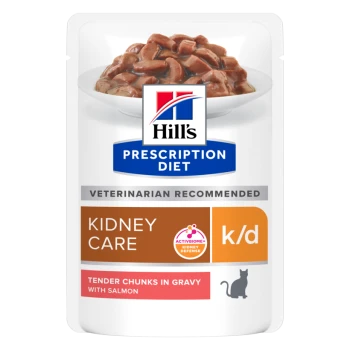 Hill's Prescription Diet Kidney Care k/d Katzenfutterbeutel mit zarten Stückchen in Soße mit Lachs, vom Tierarzt empfohlen.
