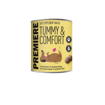 PREMIERE zachte supplementensnacks Tummy & Comfort voor optimale spijsvertering met illustratie van een blije hond en traktaties.