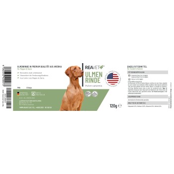 Etikett für Reavet Ulmenrinde, ein natürliches Pulver für Hunde und Katzen, das die Verdauungsgesundheit fördert, mit Anwendungshinweisen und Nährstoffdetails.
