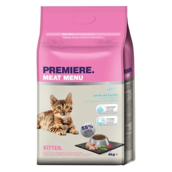 Premiera karmy dla kotów Meat Menu, z wesołym kotem tabby, worek 4 kg, z 55% łososia, oraz tekstem w języku niemieckim i włoskim.