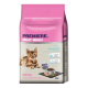 Nourriture pour chatons Premiere Meat Menu, avec un chat tigré joueur, sac de 4kg, contenant 55% de saumon, et texte en allemand et en italien.