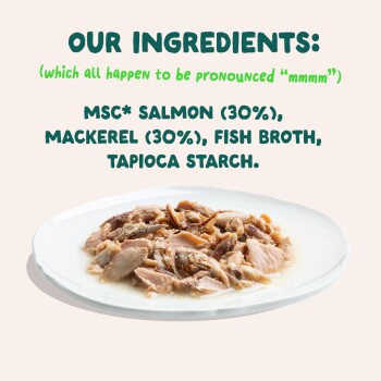 Plate of salmon and mackerel in broth; text: OUR INGREDIENTS: SALMON (30%), MACKEREL (30%), FISH BROTH, TAPIOCA STARCH.