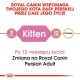 Produkt Royal Canin dla kotów perskich, z oznaczeniem "Kociak" dla 2 miesięcy i "Dorosły" dla 12 miesięcy, z notatką o przejściu.